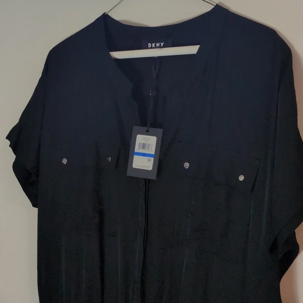 DKNY Black V-Neck Button Down Short Sleeve Rolled Ankle Hem Jumpsuit Women's XL